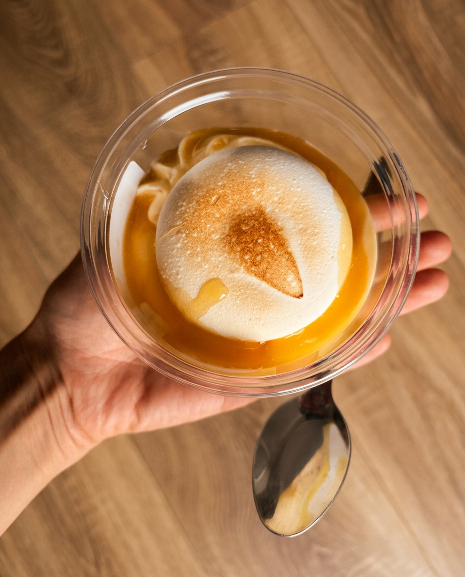 Tiramisu citron meringué Dolcini tenu en main, meringue dorée et coulis