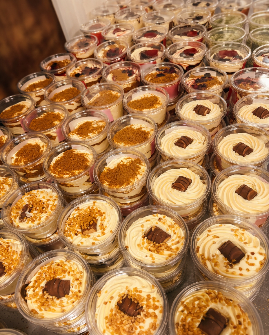 Production de pots de tiramisu spéculoos et Bueno alignés à l'atelier Dolcini
